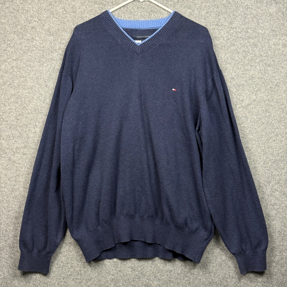 Tommy Hilfiger Men‎ Navy Blue V Neck Long Sleeve Cotton Sweater Size XXL